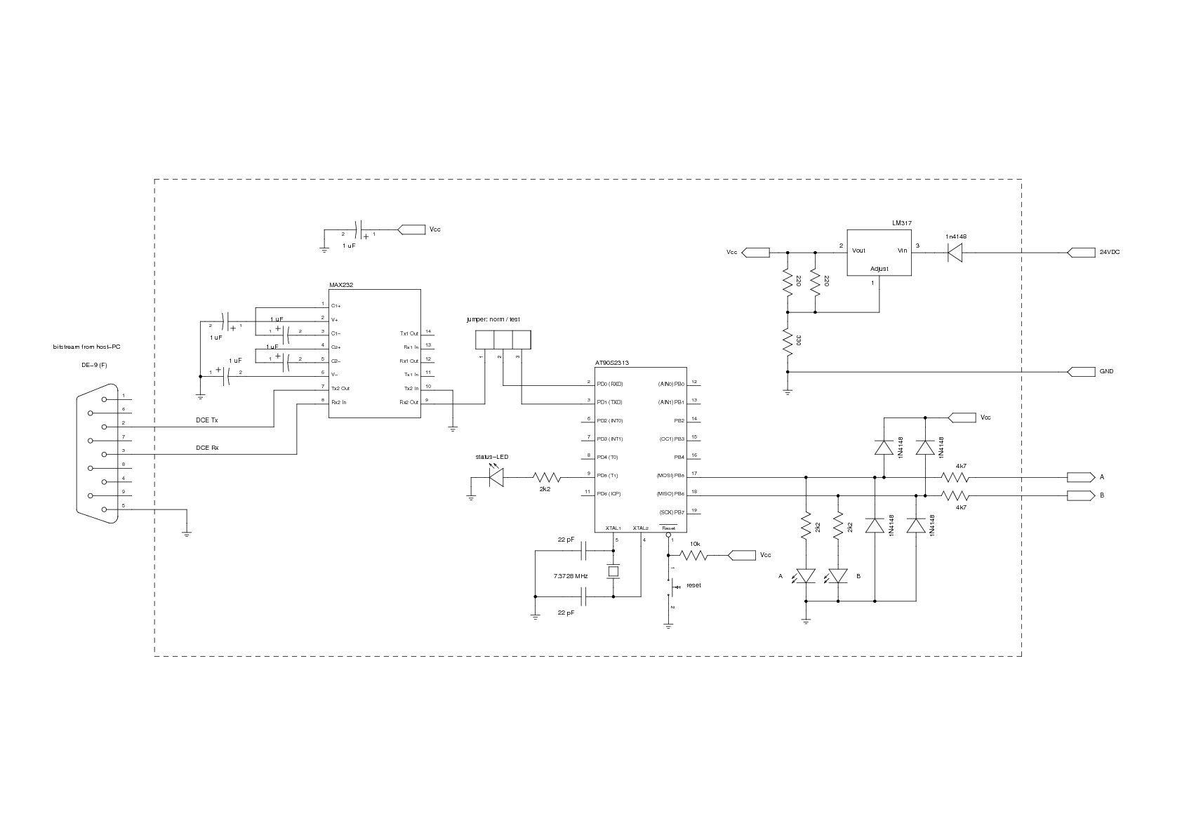 Fig.1: full schematic. An ATtiny2313 receives a constant bitstream from a host-PC, and outputs the next bit/sample on each of 2 output-channels at fixed intervals.